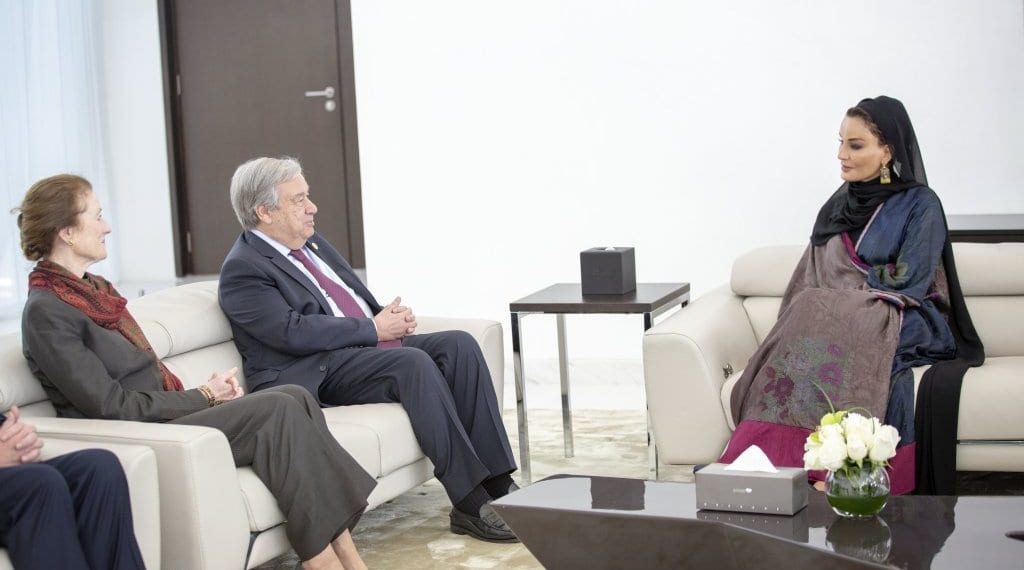 SDG Advocate Her Highness Sheikha Moza bint Nasser, met with Antonio Guterres and Henrietta Fore at Hamad bin Khalifa University to discuss progress on SDG 4