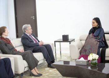 SDG Advocate Her Highness Sheikha Moza bint Nasser, met with Antonio Guterres and Henrietta Fore at Hamad bin Khalifa University to discuss progress on SDG 4